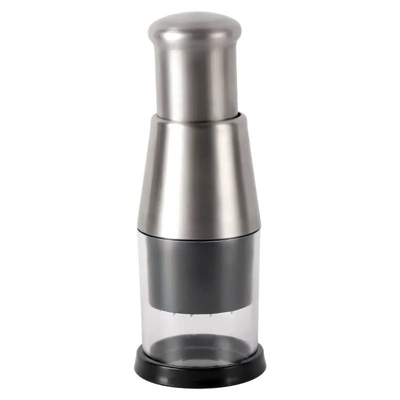 Black manual garlic press and vegetable chopper with stainless steel blades measuring 6x16cm