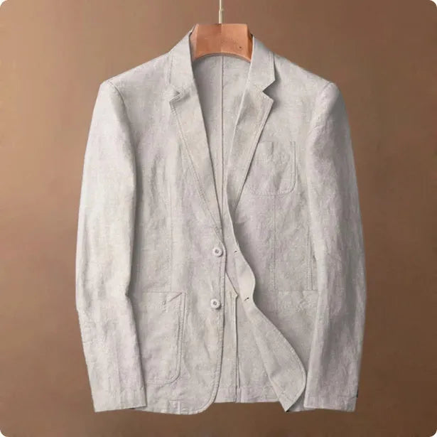 Men's solid colour linen suit blazer with side stick pockets, shown in light blue.
