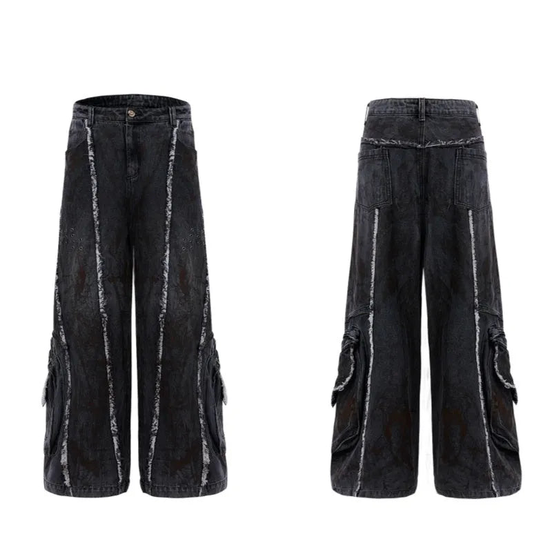 Distressed denim coat and matching black trousers set with gradient pattern and padded shoulders