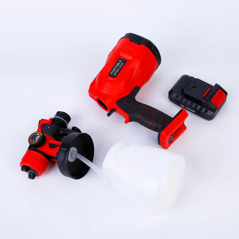 Blue cordless automatic paint spray gun with a large material tank and battery pack.