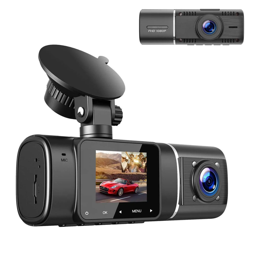 Standard black 1080p car dash cam with a 1.5-inch screen, shown with car charger and windscreen mount.