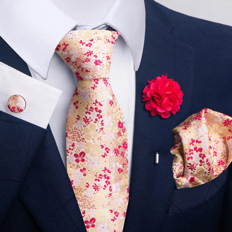 Men's floral embroidery tie and pocket square set in polyester yarn with jacquard weave, 147cm length
