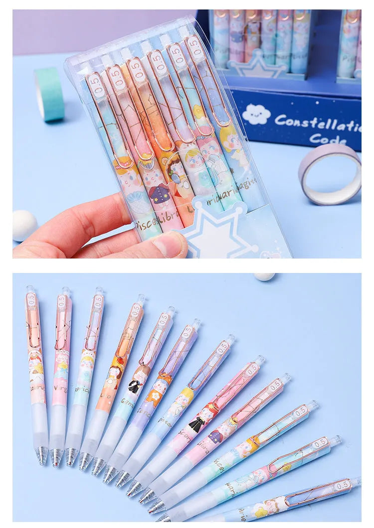 Six cartoon constellation press gel pens with 0.5mm tips showing constellation designs