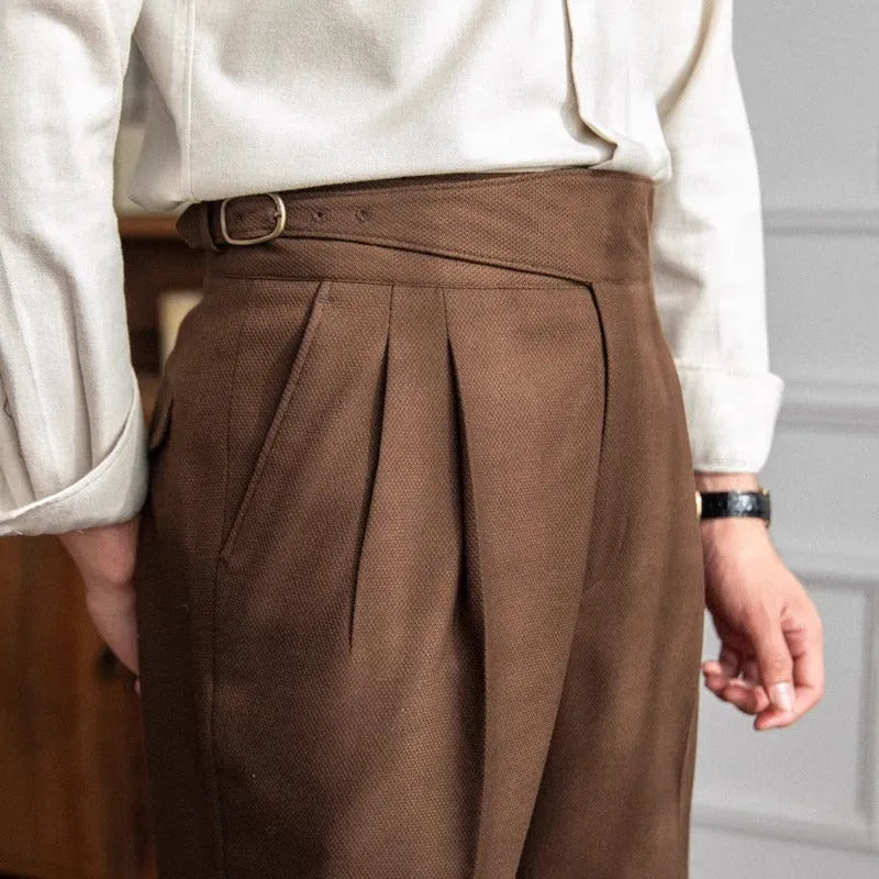 Men's high waist straight leg casual trousers in black polyester fabric on a mannequin.