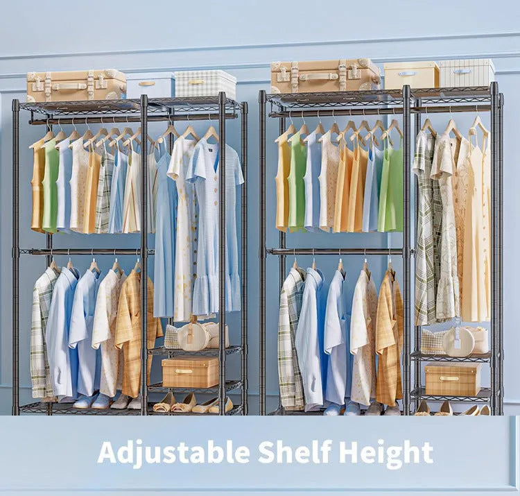 Black freestanding metal garment storage rack for hangers, trousers, and ties