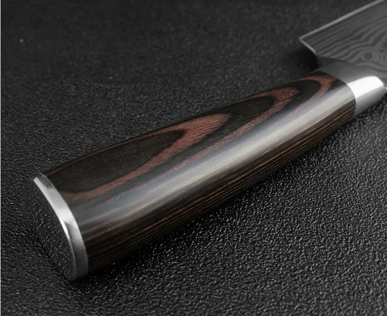 Professional 7Cr17 stainless steel kitchen knife with laser Damascus pattern and coloured wood handle