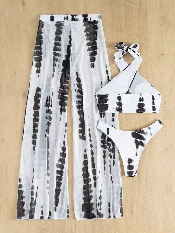 Women's three-piece swimsuit bikini set with trousers in black printing design