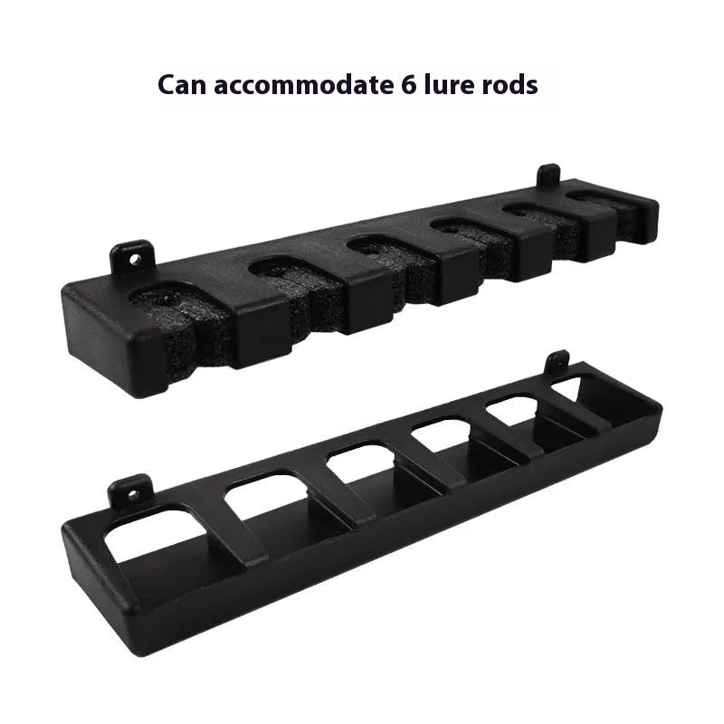 Black ABS plastic wall-mounted fishing rod holder bracket for upright or horizontal storage.