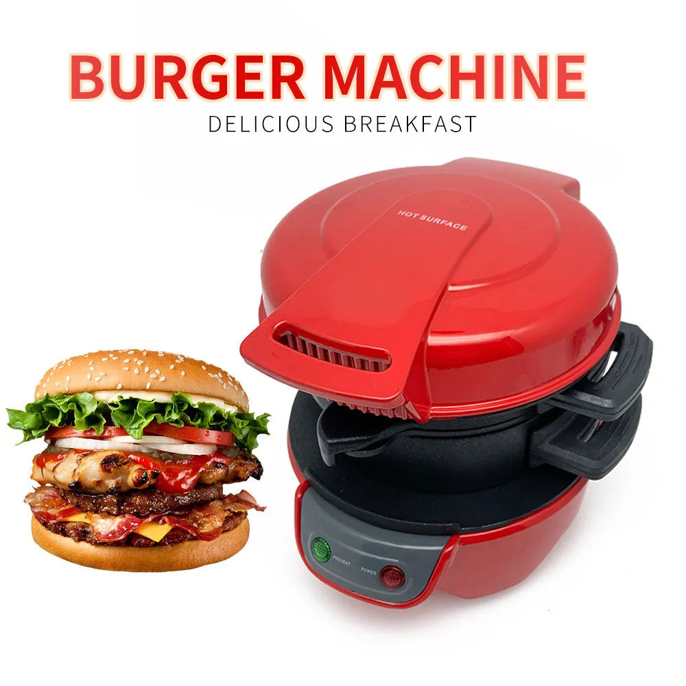 Bright red breakfast sandwich maker with egg cooker ring and waffle plate on kitchen counter