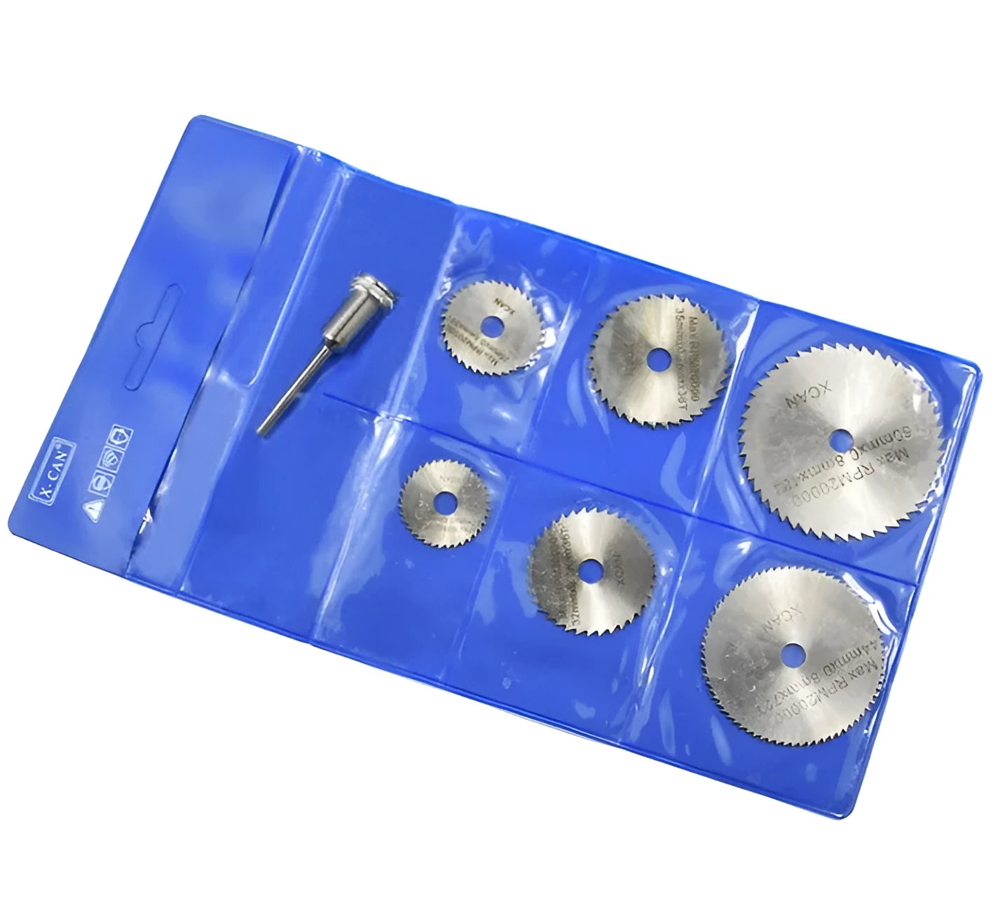 Six high-speed steel circular saw blades and a mandrel arranged on a surface, showing size variation.