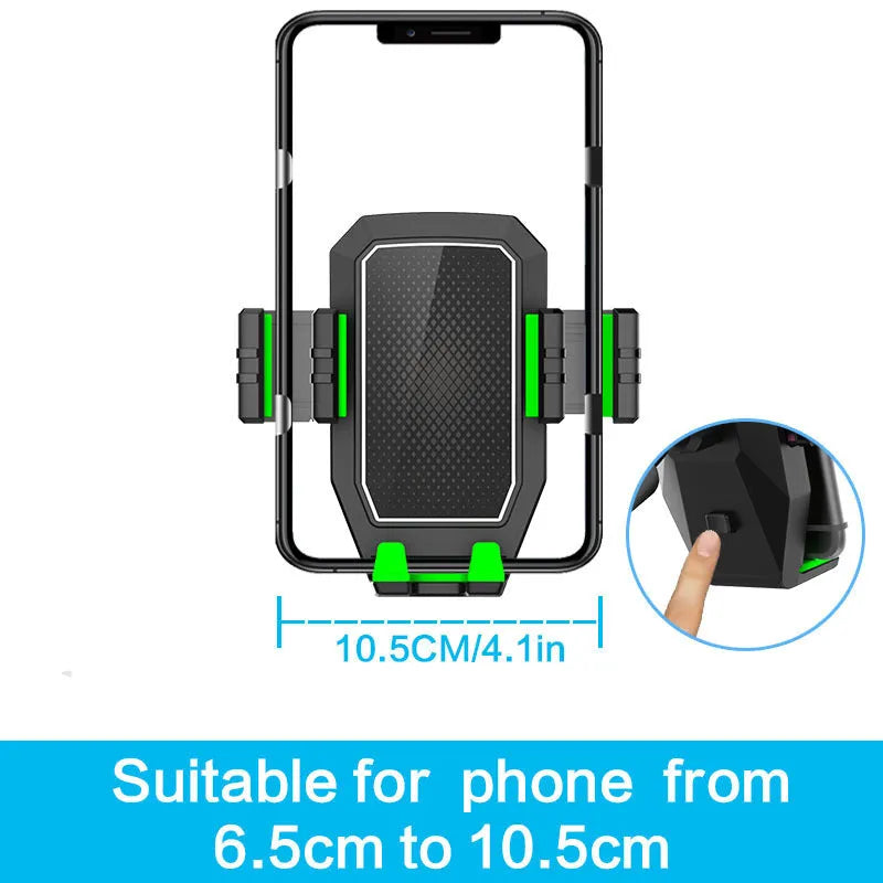 Green car drink rack holding mobile phone and cup with kettle support