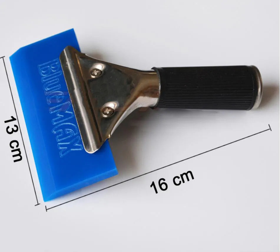 Blue stainless steel handled car water scraper squeegee 13x16 cm rubber blade for film wrapping
