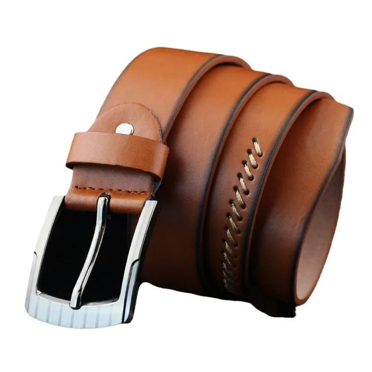 Men's black imitation leather casual belt with threading pattern and an alloy pin buckle.