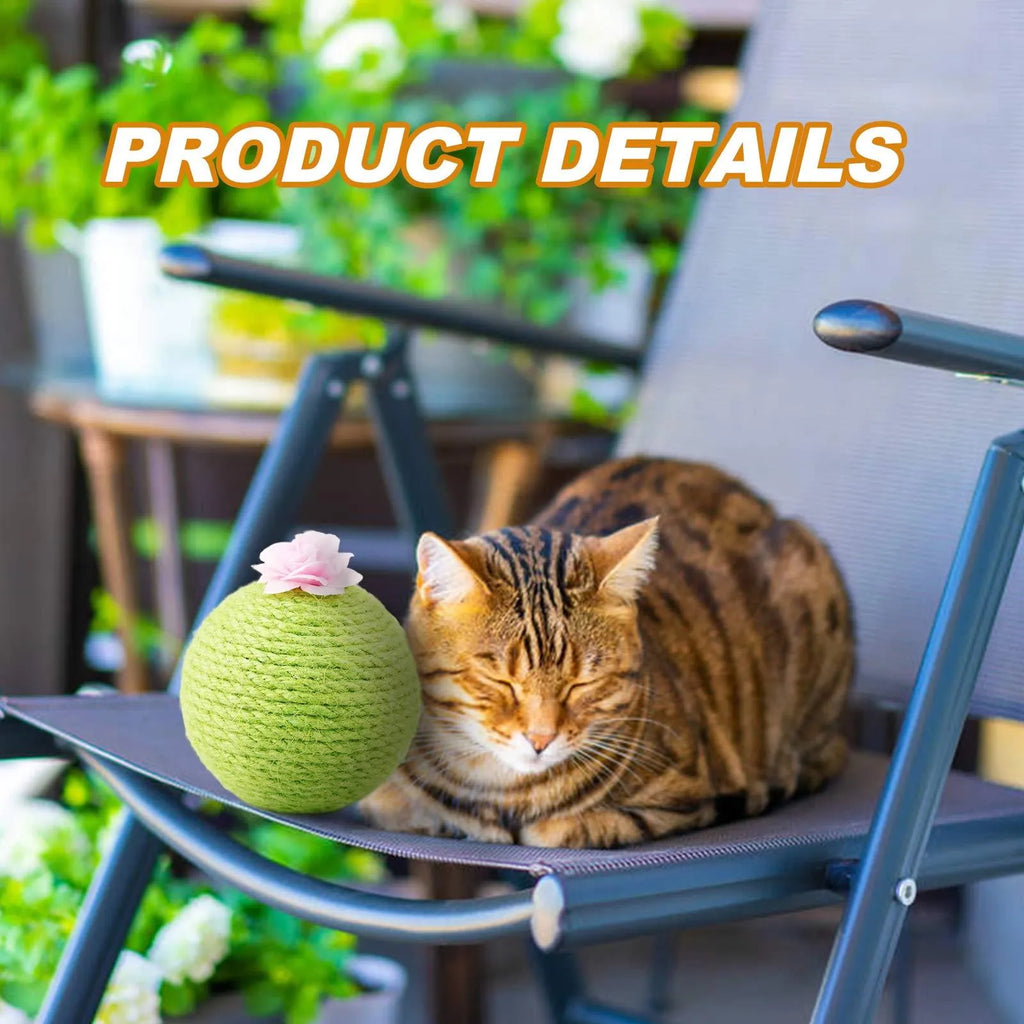 Green interactive cat toy with sisal scratcher and tumbler ball on tree tower base for indoor play