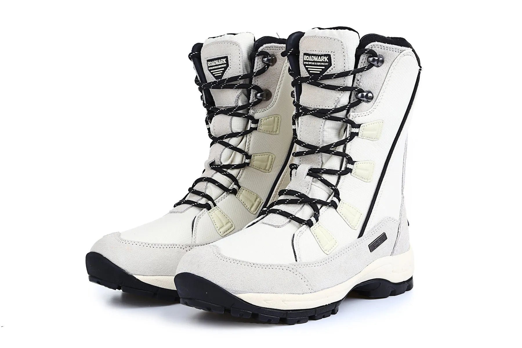 Women's black waterproof thermal snow boots with genuine leather uppers and rubber soles