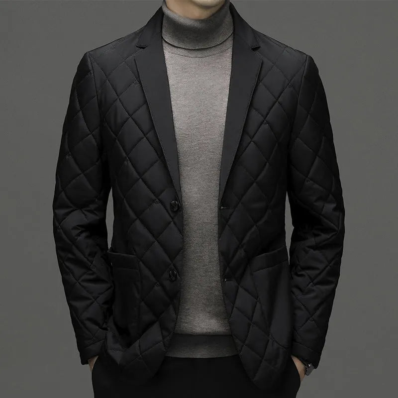 Men's solid colour thick down jacket with lapel, cardigan style, and side seam pockets