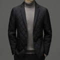 Men's solid colour thick down jacket with lapel, cardigan style, and side seam pockets