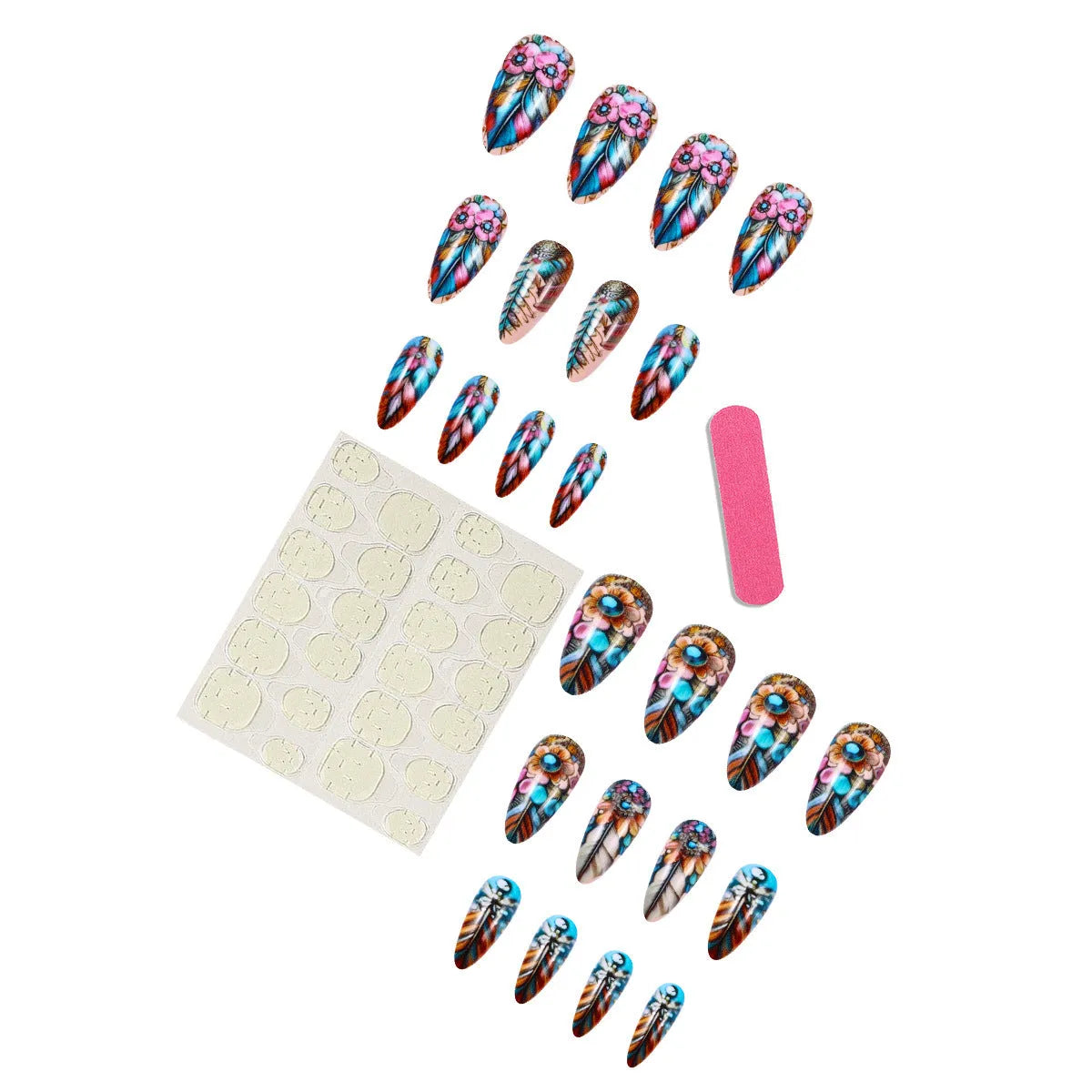 Retro style nail art stickers with colourful feather armour, cartoon, and butterfly designs plus a jelly glue burnishing stick.