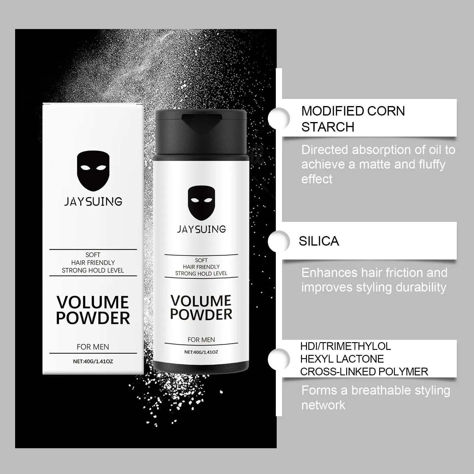 Dense hair shaping powder in 40g container for volume enhancement and styling