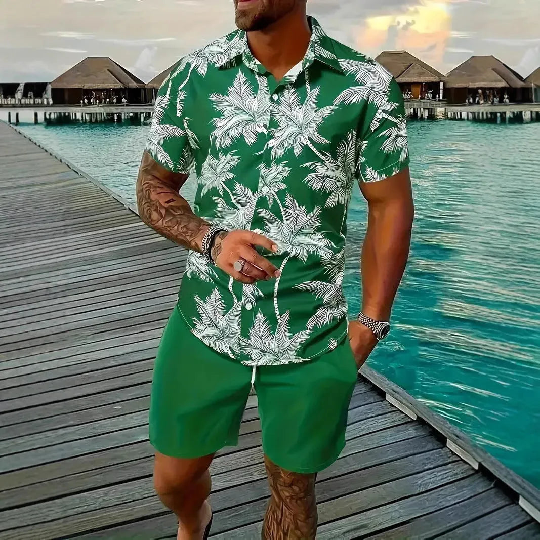 Man wearing a short sleeve Hawaii print shirt and matching shorts from the men's casual suit set.