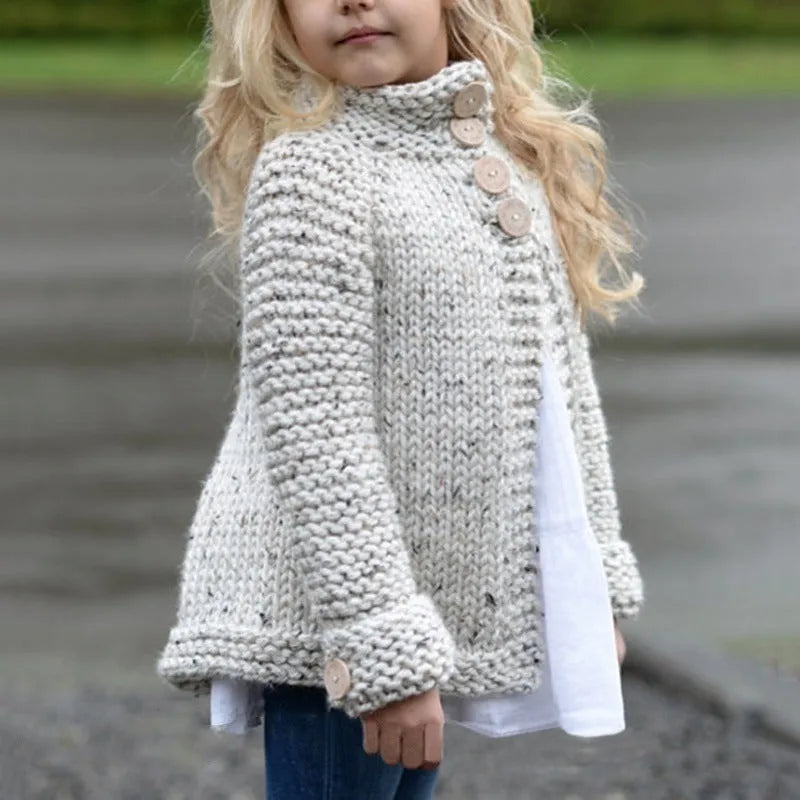 Beige girls cardigan sweater with long sleeves and single-breasted closure