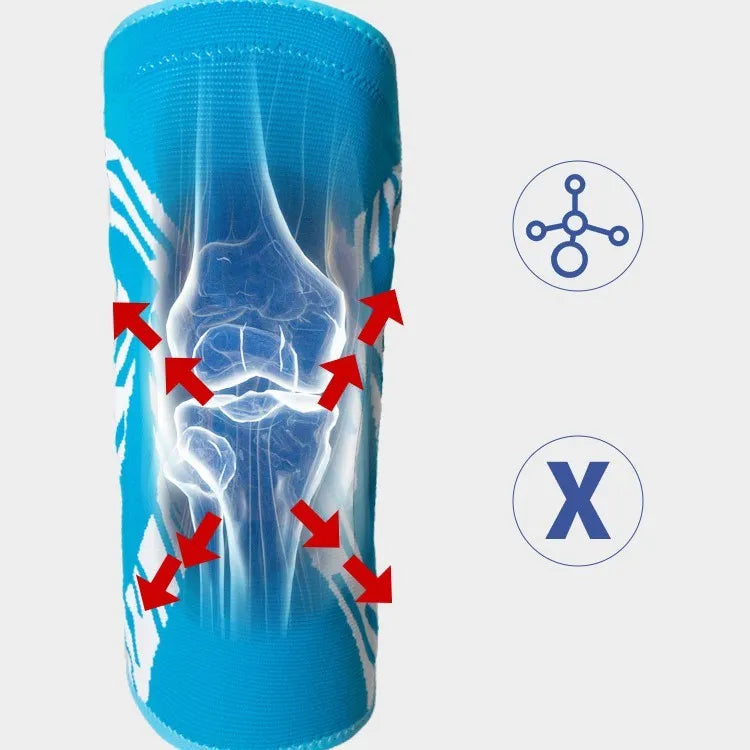 Men's black nylon basketball knee pad shown on a knee, size label visible.