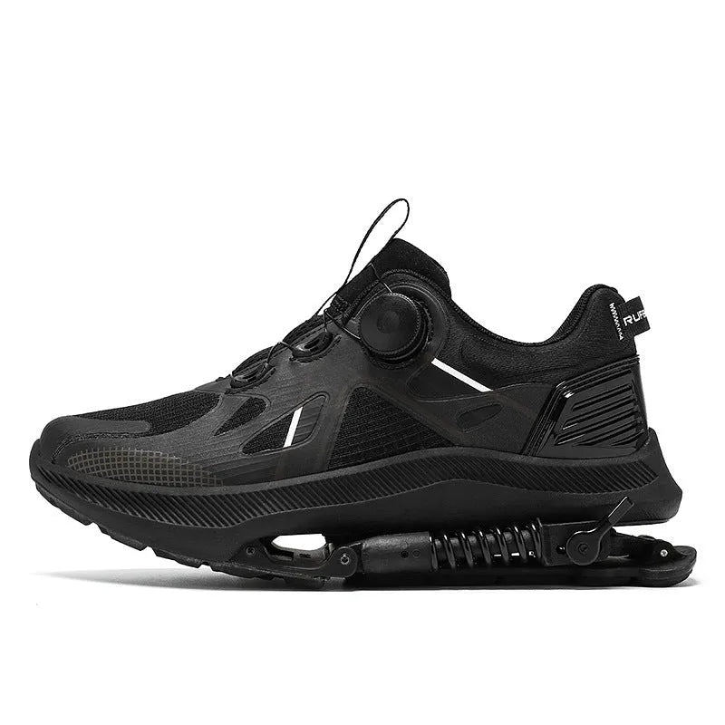 Black mid-top running shoes with mesh upper, leather stitching, and buckle closure on a rubber EVA sole.