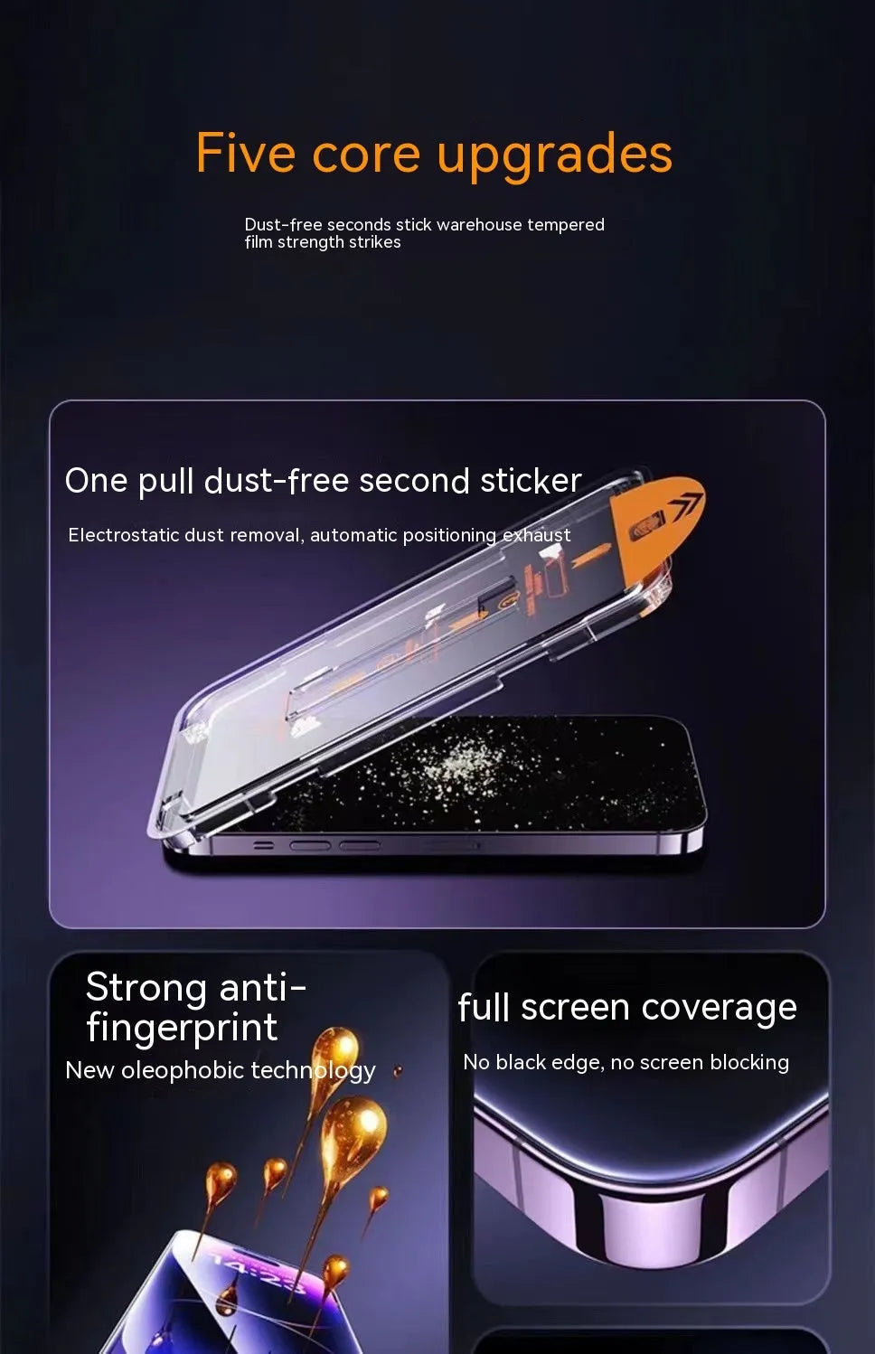 iPhone tempered glass screen protector with anti-fingerprint and anti-blue light features, shown with dustproof application net.