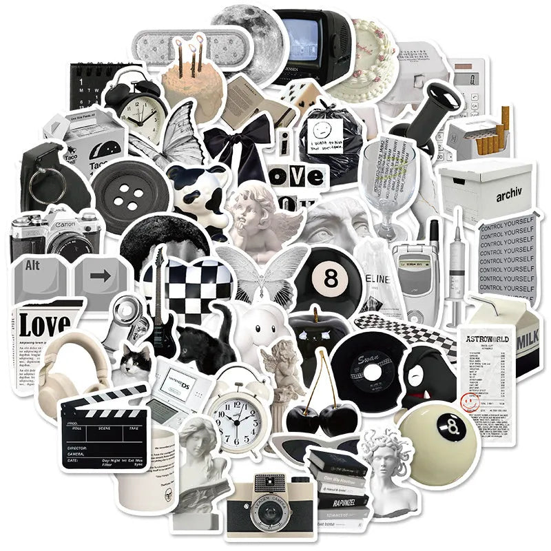 Pack of 61 black and white simple style PVC waterproof stickers for laptops and phones.