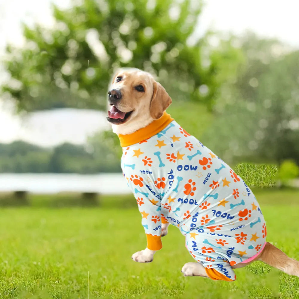 Cotton dog jumpsuit four-legged pet clothing in a colour from the CF26-CF33 range, shown on a mannequin.