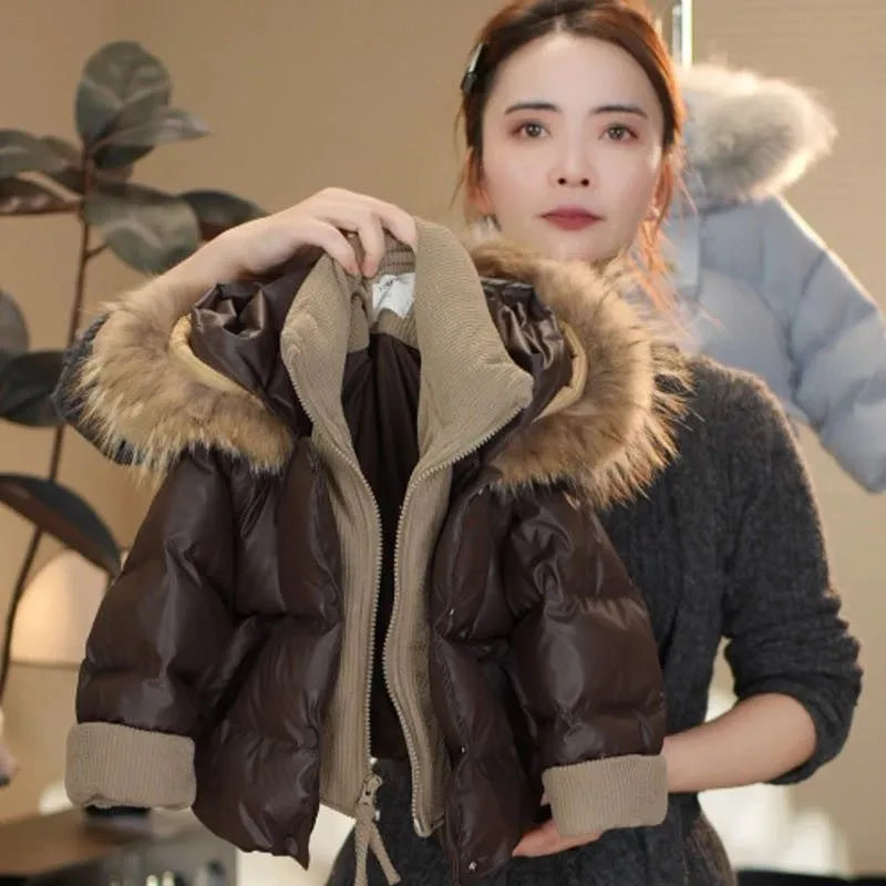 Children's winter down cotton jacket fake two-piece in solid coffee brown colour, thickened polyester fibre padding, suitable for heights 110-160cm