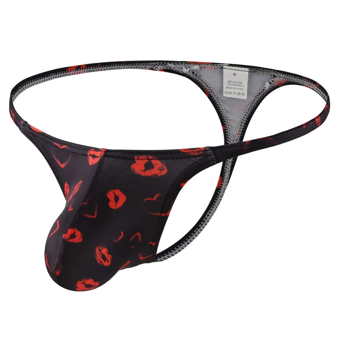 Men's low waist T-back shorts with couple theme cartoon pattern in black colour
