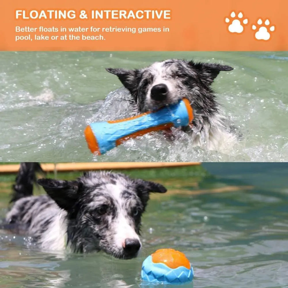 Set of three TPR dog toys: a squeaky ball, barbell, and tyre with bumpy texture for fetch and water play.