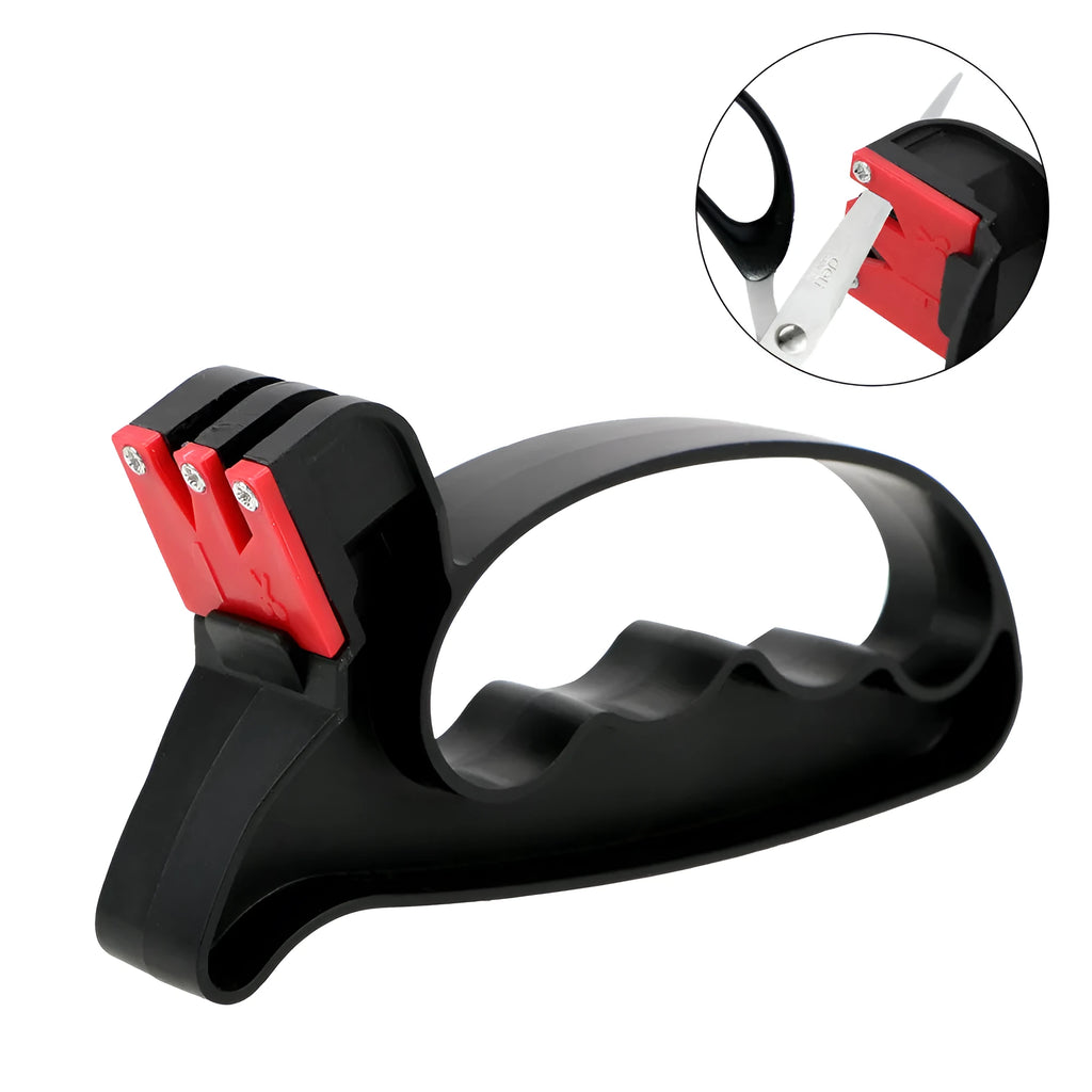 Black handheld knife and scissor sharpener tool on a white background.