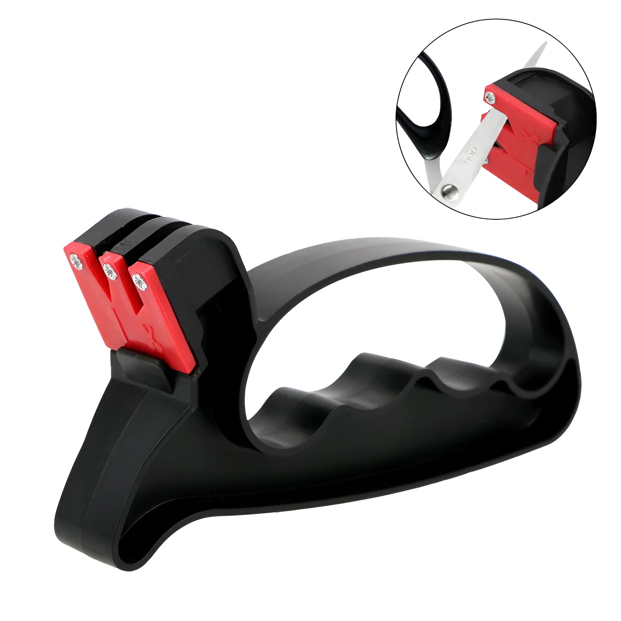 Black handheld knife and scissor sharpener tool on a white background.