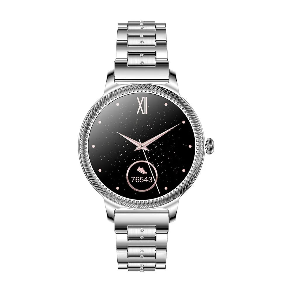 AK38 ladies smart watch with colour screen and stainless steel Milanese strap on a wrist.