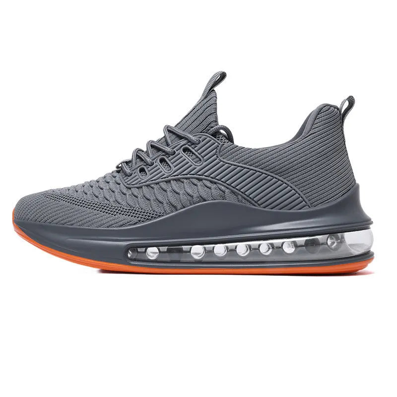 Men's black mesh running shoes with round toe and lace-up front, showing cushion damping sole