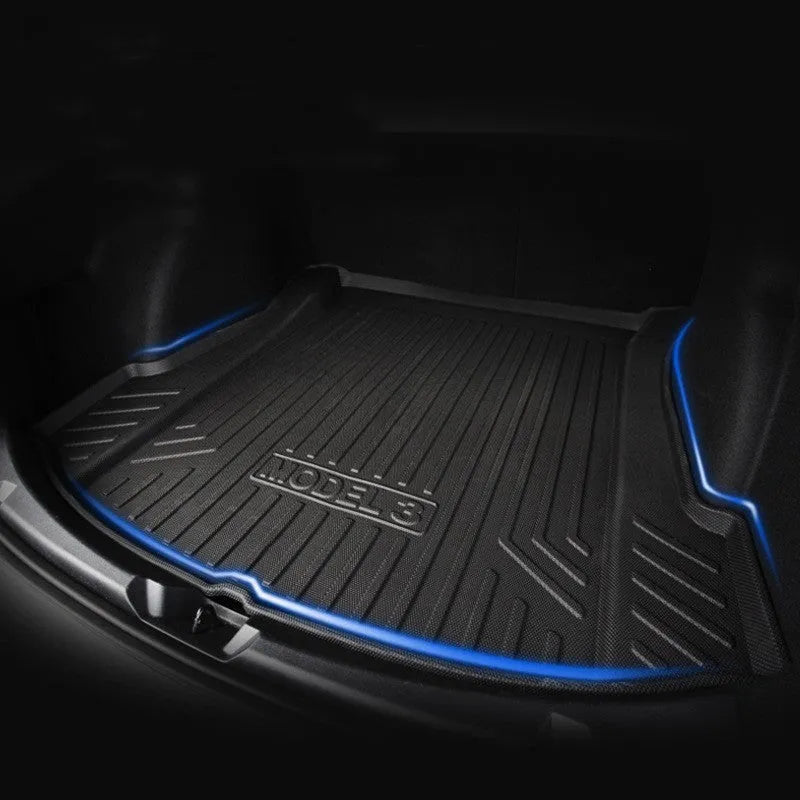 Heavy-duty rubber floor mats for Tesla cars with TPE footrest section.
