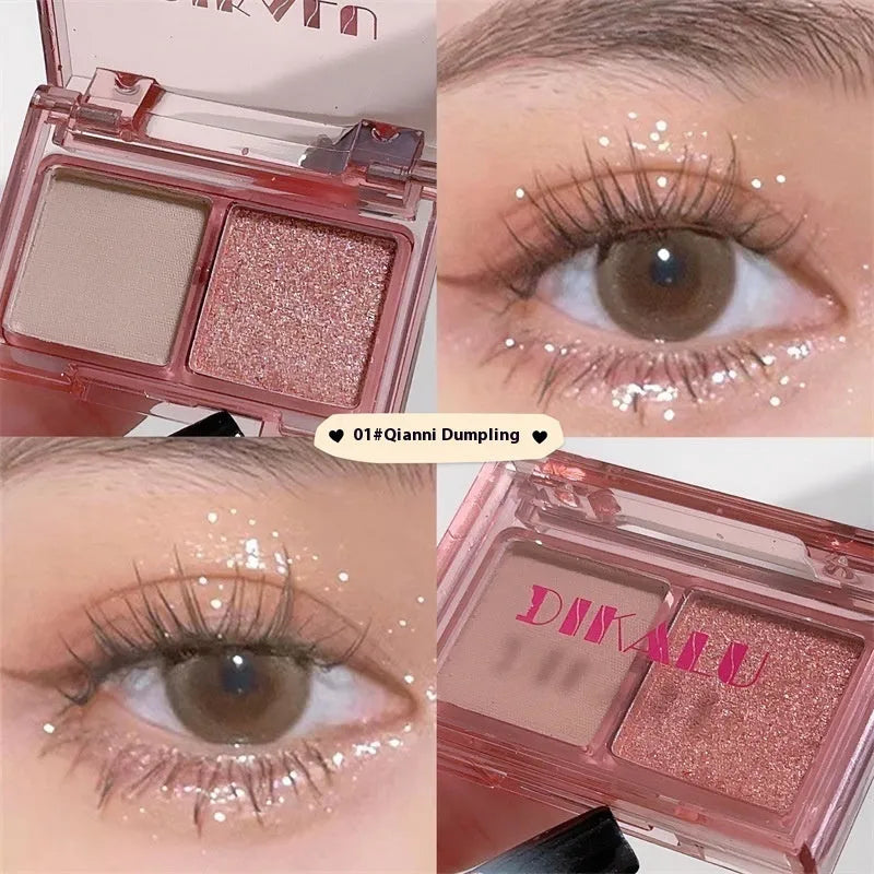 Two-tone eye shadow plate showing pink and black matte shimmer powder for punk makeup styles
