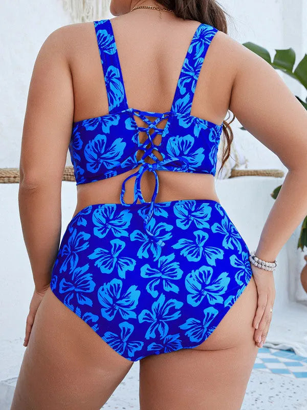 Blue floral print women's bikini top and bottom on a mannequin