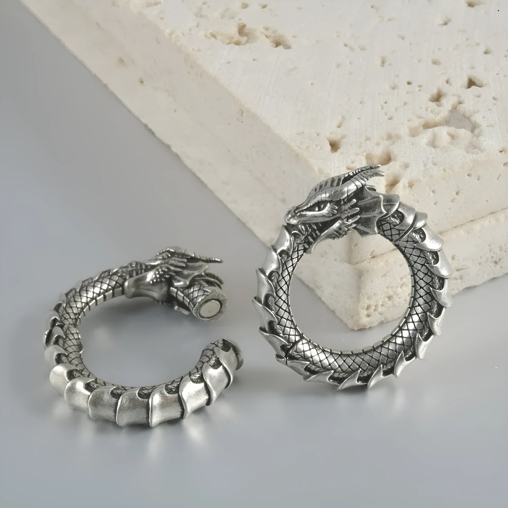 Large geometric hollow out earrings with antique silver dragon design for men and women