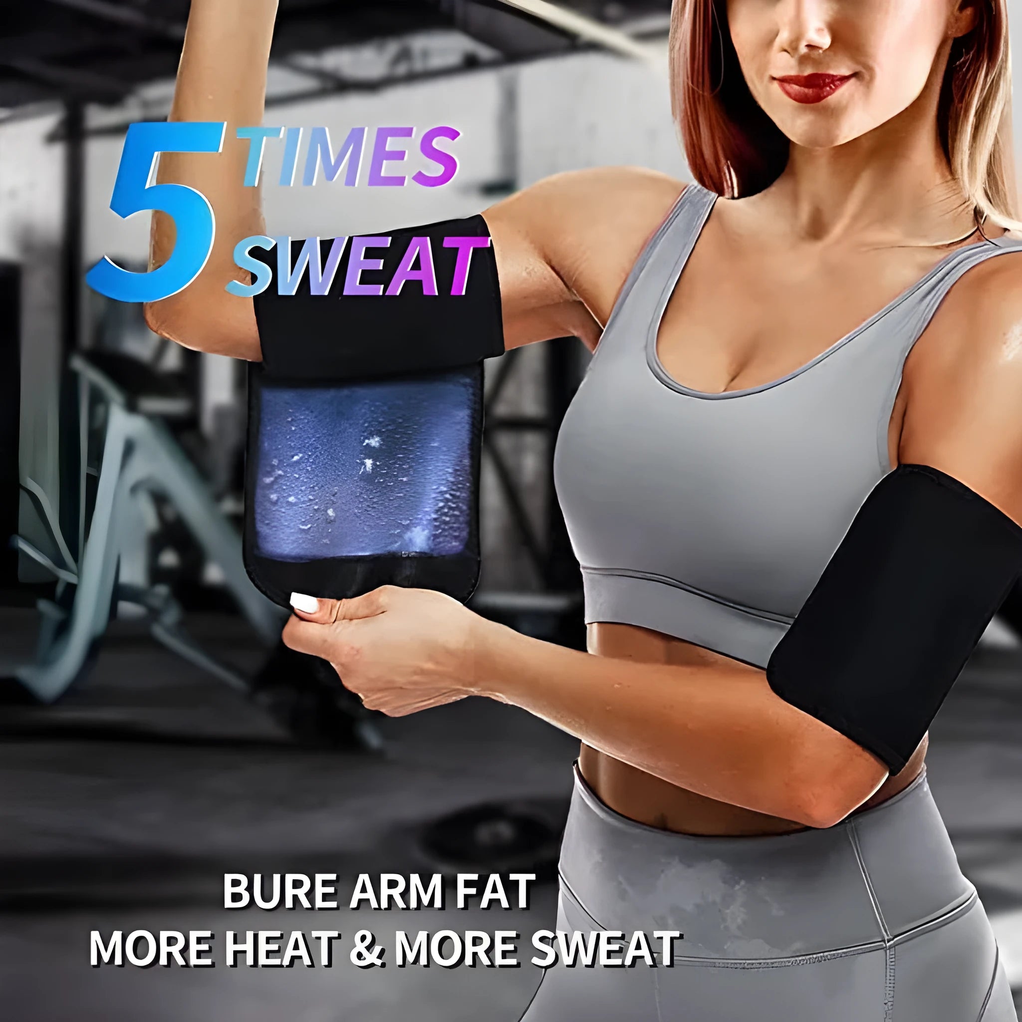 Blue and silver sports arm sweatband shown on an arm, with sizing options available.