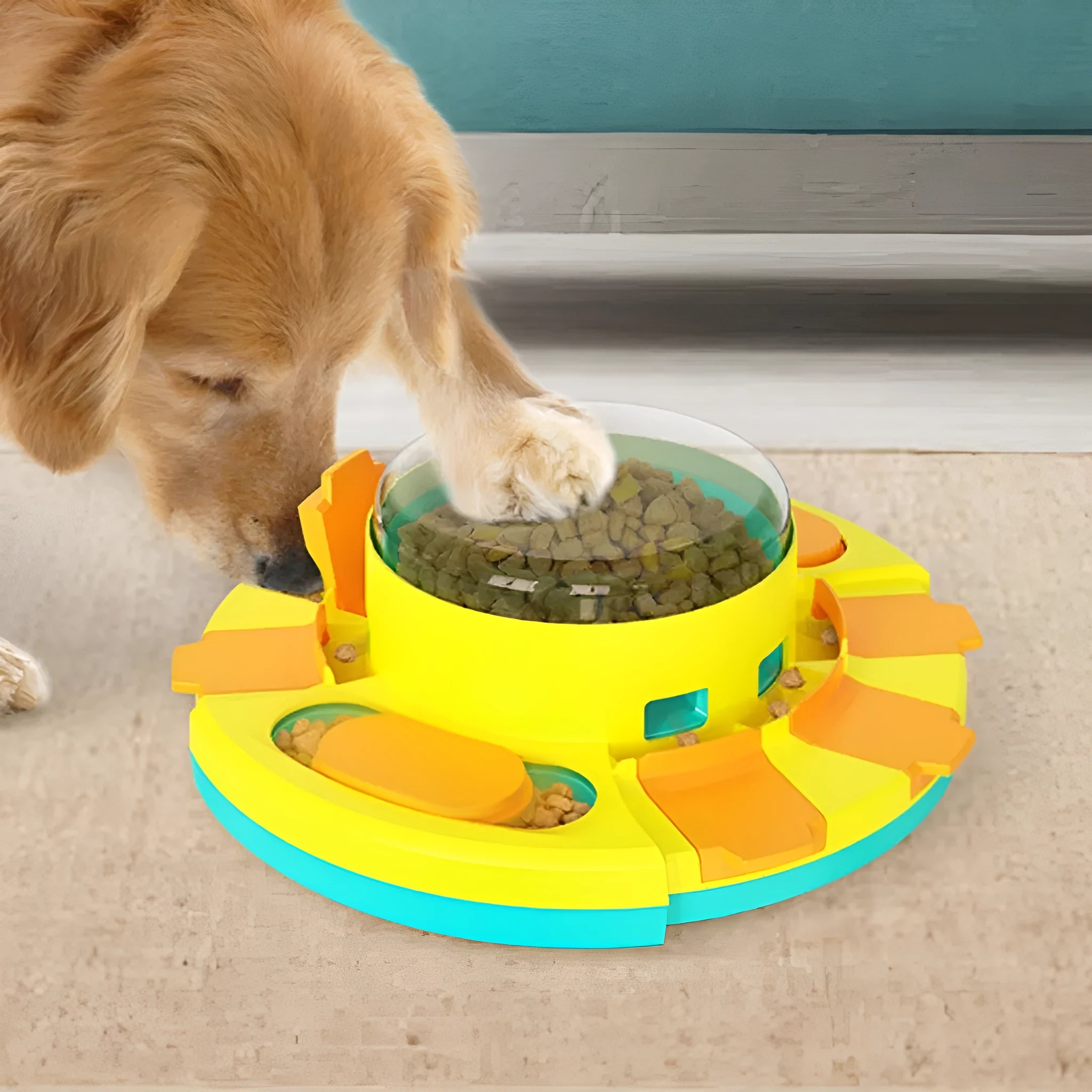 Plastic pet toys including red leakage dog toy, pink cat tumbler, and green educational dog toy