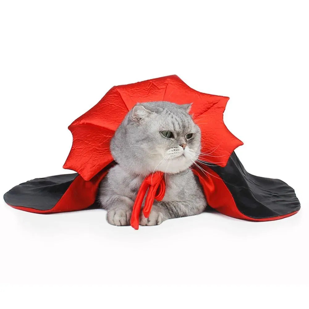 Halloween vampire cloak costume for small pets on mannequin showing kawaii design elements