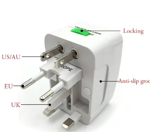 White universal travel plug adapter showing pins, sized at 73 by 50 by 39 millimetres.