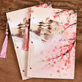 Azalea coloured Chinese style notebook with thread binding, showing its 208mm by 140mm size.