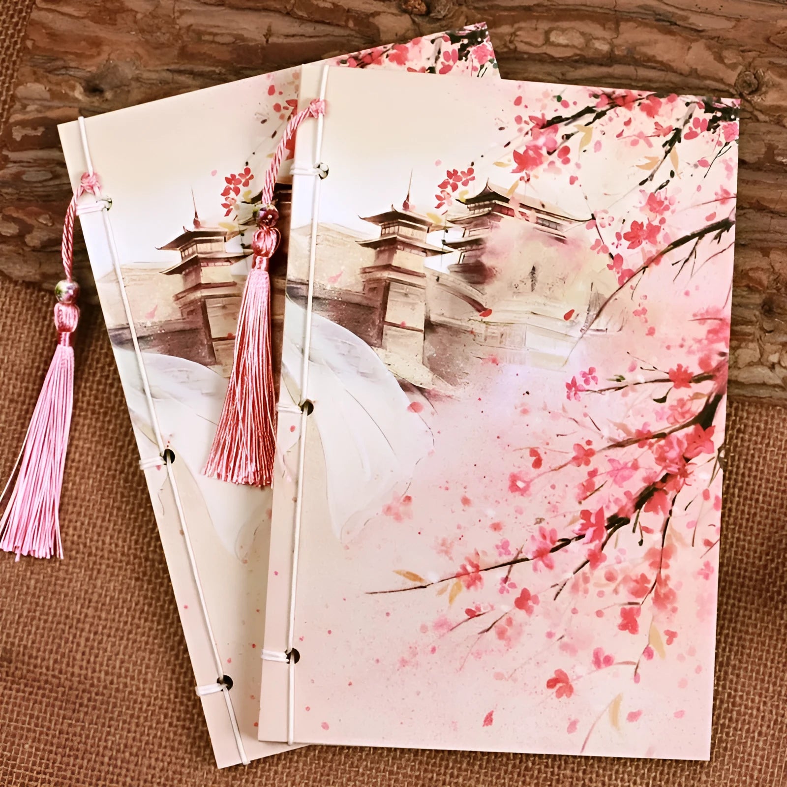 Azalea coloured Chinese style notebook with thread binding, showing its 208mm by 140mm size.