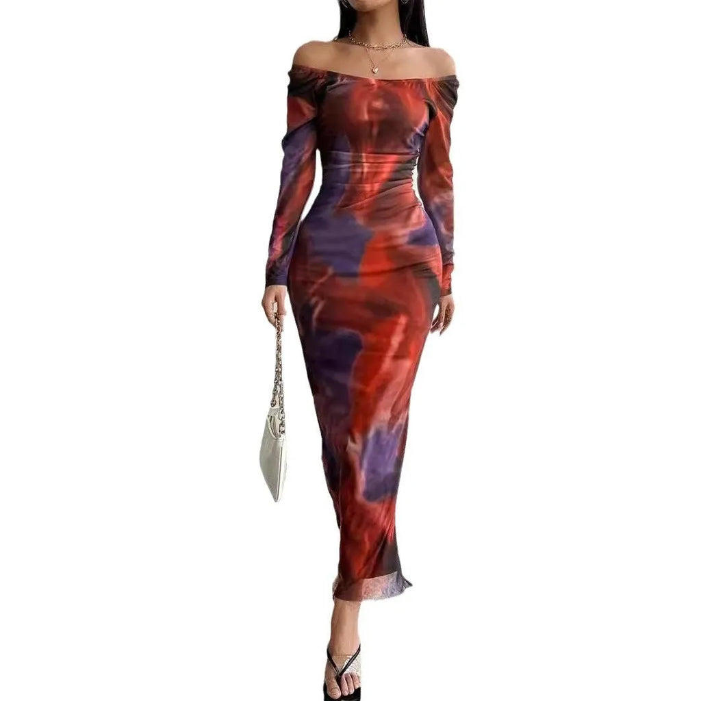 Green gradient women's fishtail mesh dress with a square collar and side split.