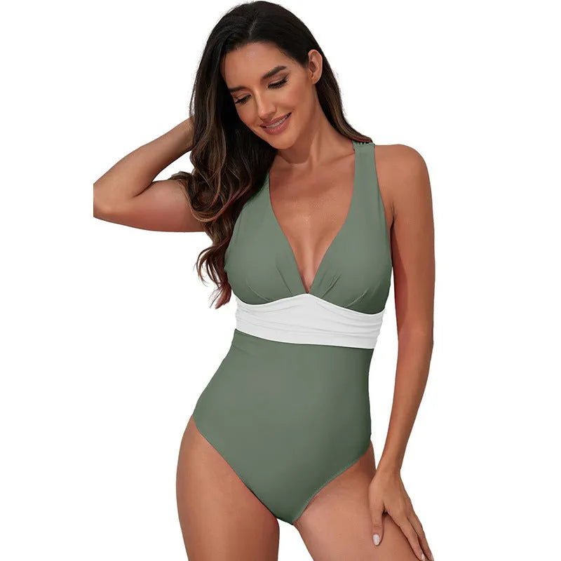 Women's minimalist cross-shoulder one-piece swimsuit in solid colour