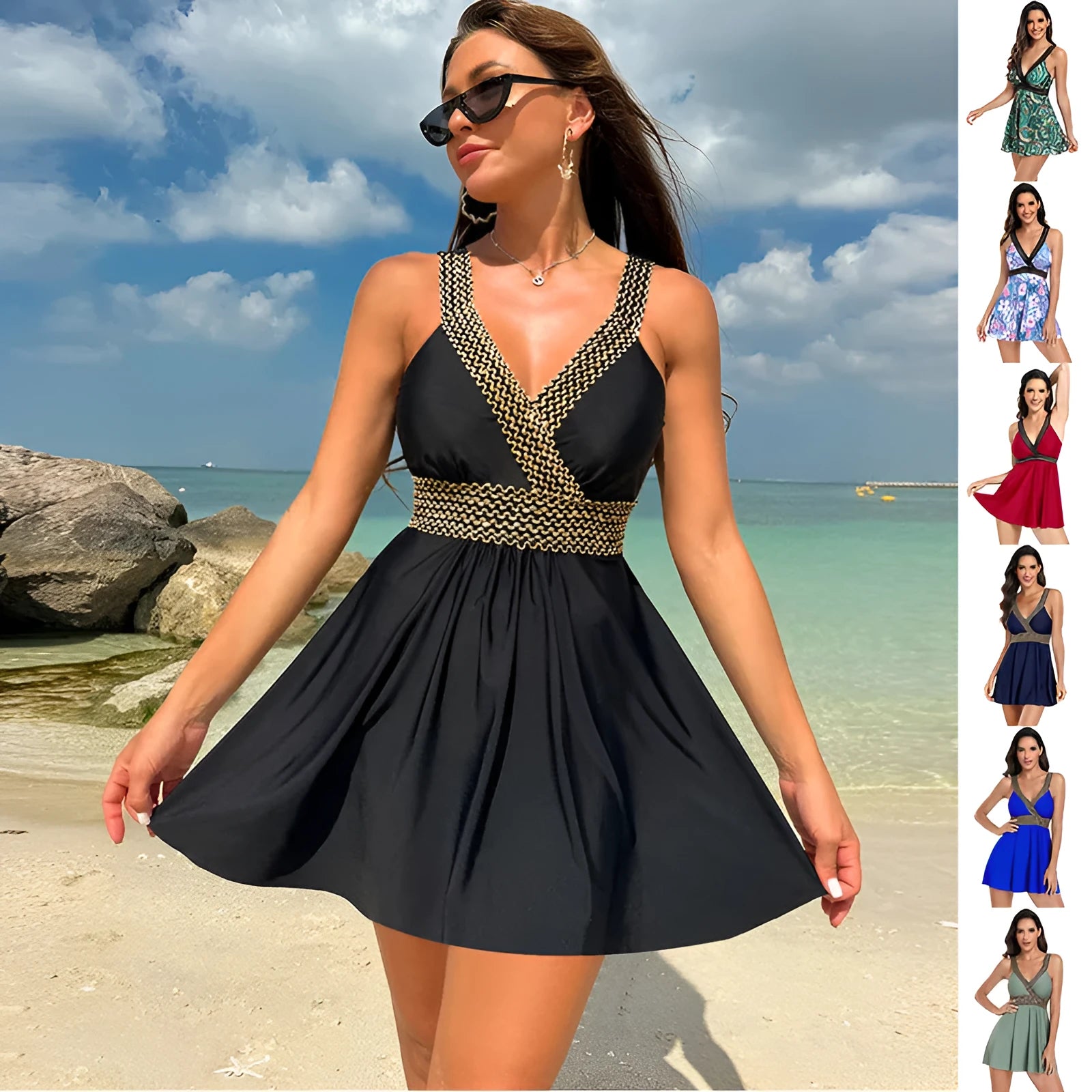 Women's printed V-neck swimsuit cover-up dress in a lightweight fabric for beach use.